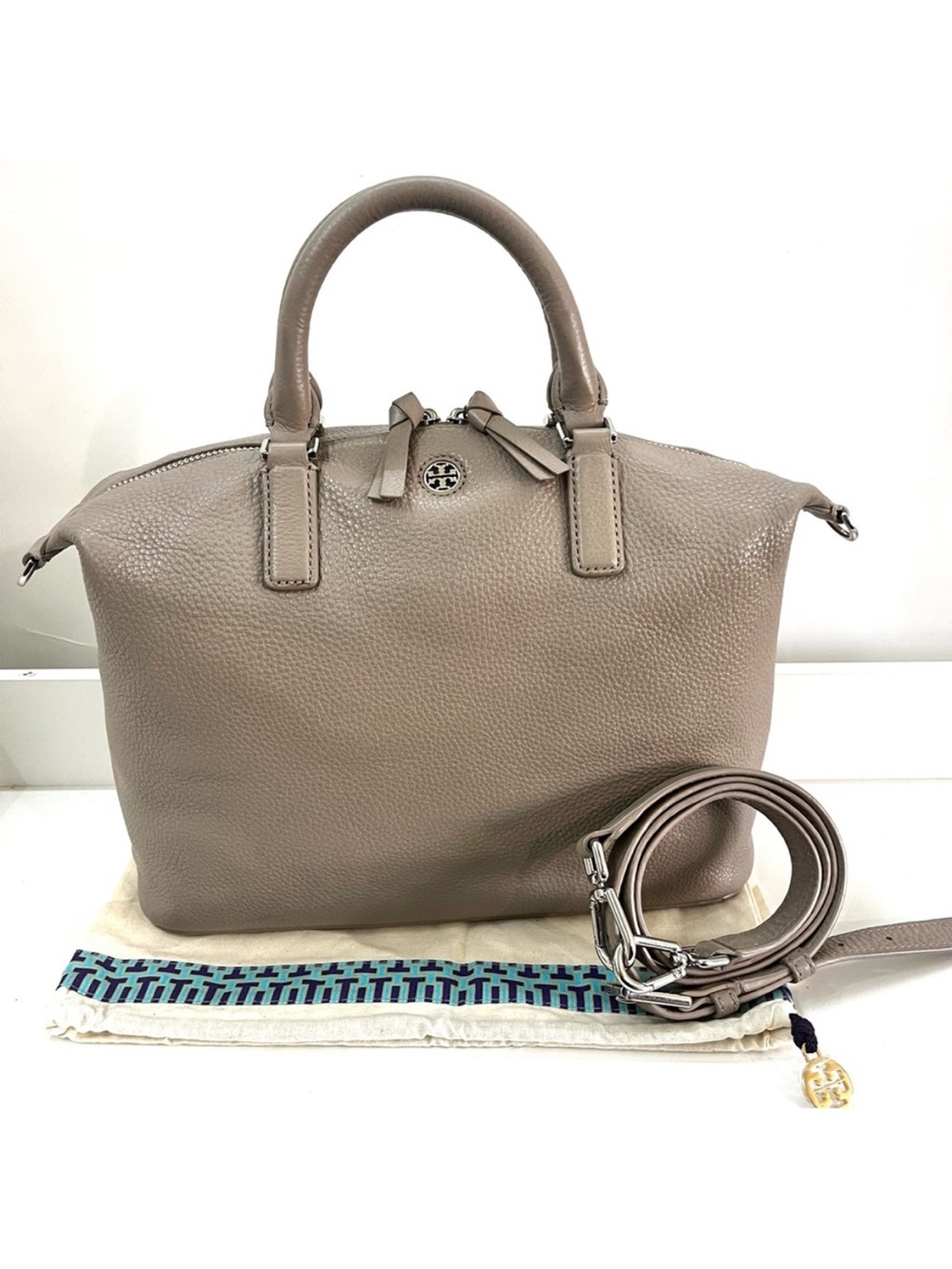 TORY BURCH Taupe Gray Brody Frida Berkeley Marion Britten Satchel Tote Bag